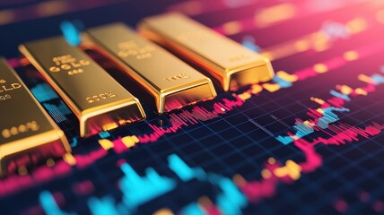 The image depicts gold bars alongside a colorful financial chart, symbolizing wealth and investment trends in the market.