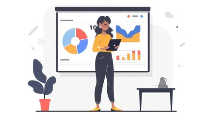 A woman is standing in front of a white board with a tablet in her hand