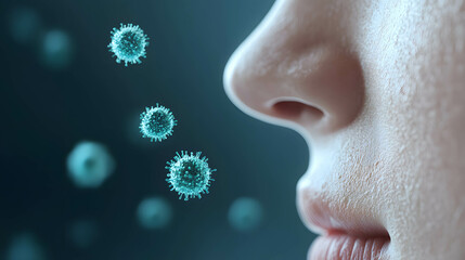 Close-up of nose with 3D bacteria particles floating, representing allergens.