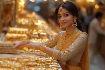 a young indian woman wearing gold jewelery on dhan teras