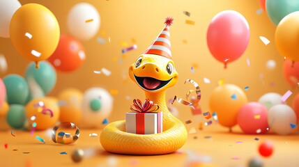 New Year’s present, surrounded by gold and silver decorations. cartoon snake wearing a tiny top hat and blowing a party fun and joyful scene.