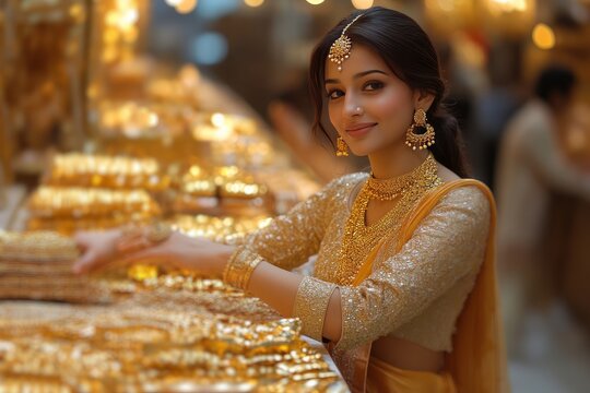 a young indian woman wearing gold jewelery on dhan teras