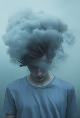 A young person stands with a contemplative expression under a surreal cloud of smoke enveloping their head in a dimly lit environment