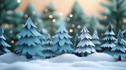 Fototapeta premium serene paper cut style Christmas tree forest on snowy background