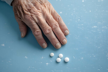 Health problems and diseases in the elderly. An old man's hand rests on a table with a capsule of medicine nearby. aging society.