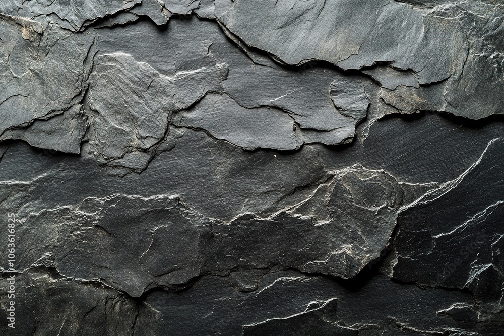 Poster black background with a texture of rough slate stone surface, top view. black paper for design and d