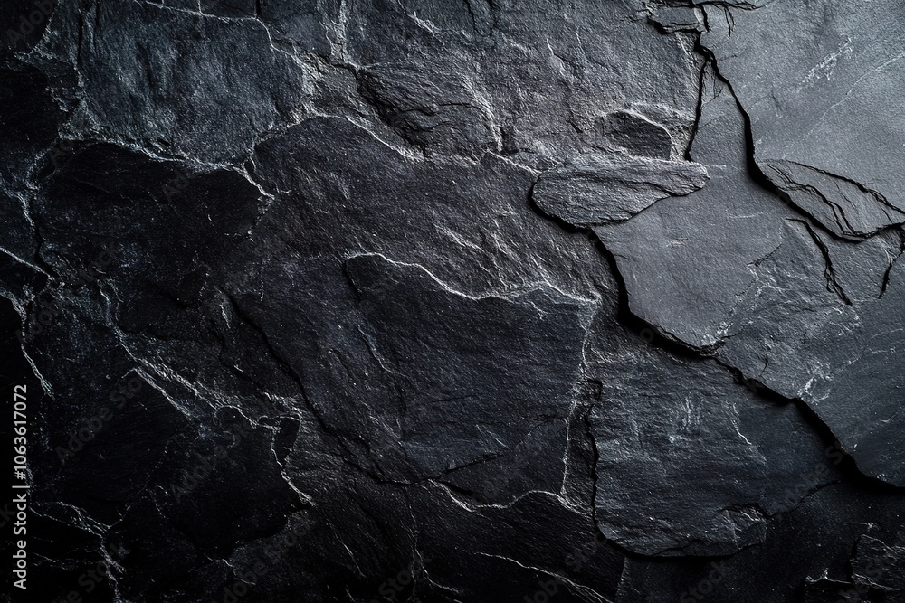 Poster black background with a texture of rough slate stone surface, top view. black paper for design and d