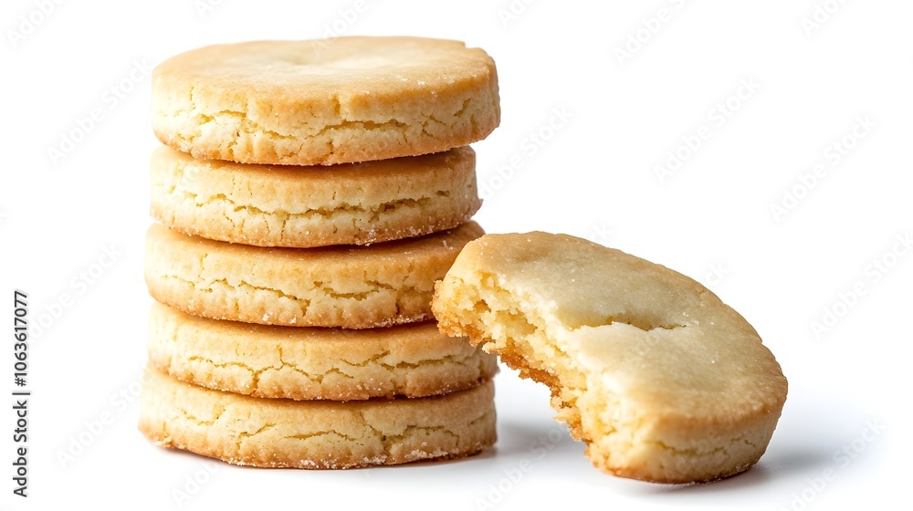 Poster stack of buttery shortbread cookies with one broken revealing crumbly texture on white background