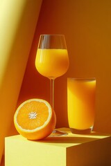 A Glass of Orange Juice, a Half Orange, and a Yellow Background