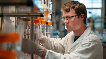 A man in a lab coat is working with a variety of beakers and test tubes