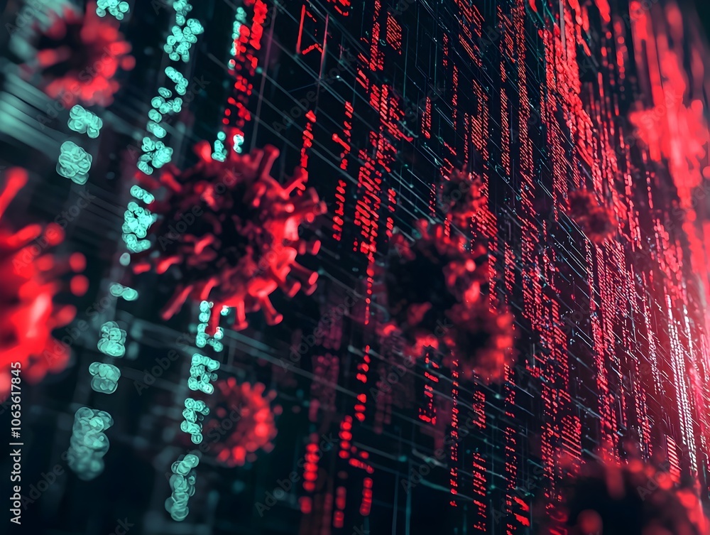 Poster virus infecting a digital world with glitching data lines and particles