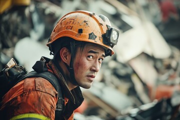 Fototapeta premium A dedicated rescuer amidst piled rubble, illuminated by a helmet lamp, perseveres through adversity, highlighting courage, focus, and hope amid destruction and chaos.