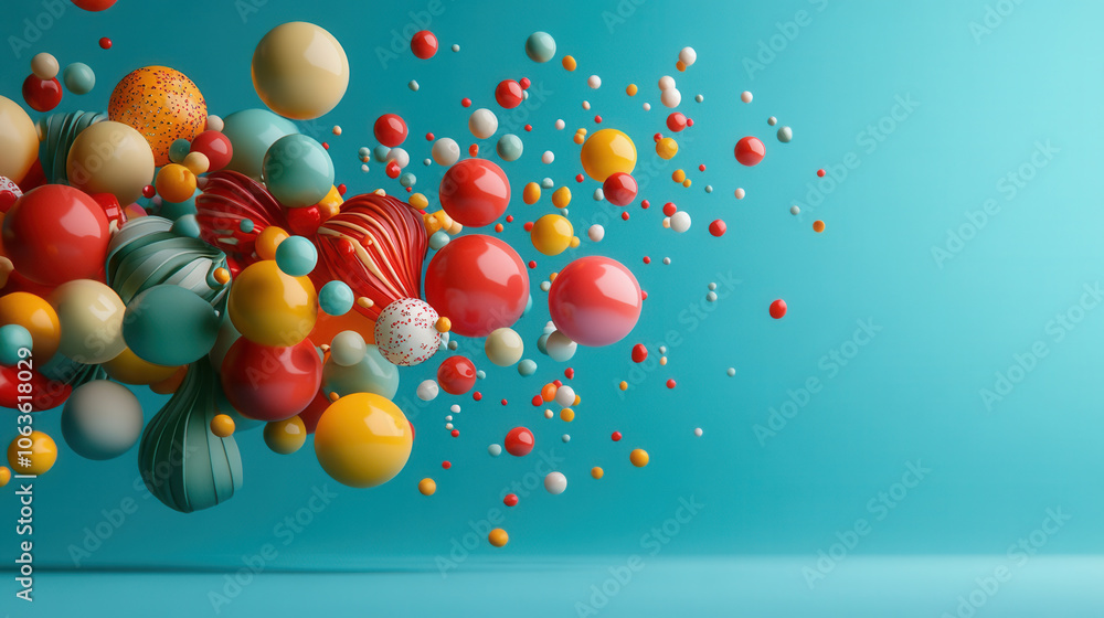 Poster colorful explosion of shapes and swirls in vibrant blue background, featuring various spheres and ab