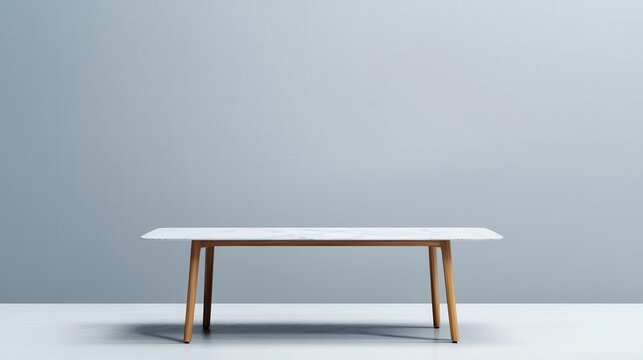 Rectangular marble dining table with teak frame, modern minimalist office meeting area