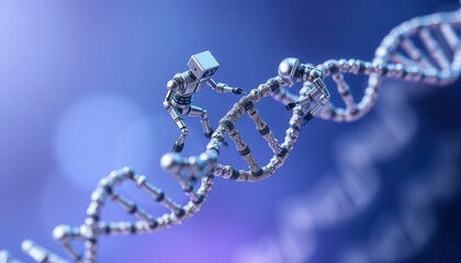 Close-Up of DNA Strand with Microbots Interacting for Advanced Genetic Engineering, Biotechnology, and Molecular Research Visualization