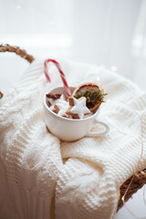Christmas cozy home decor. Light, Christmas tree. Winter holidays.