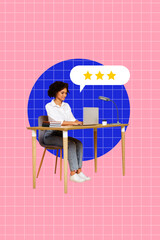 Vertical poster collage young woman laptop digital device remote job customer support estimate...