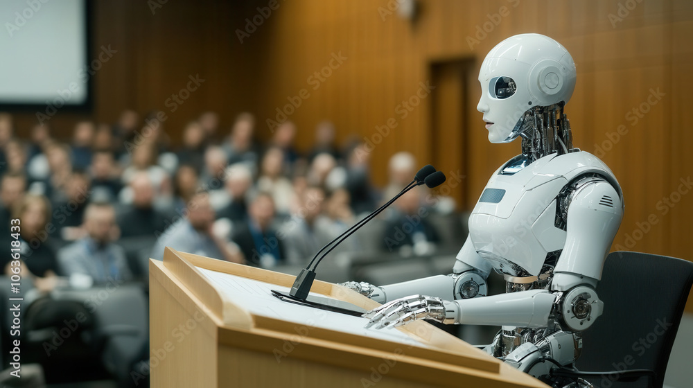 Poster humanoid robot at podium addressing audience about technology. setting emphasizes importance of inno