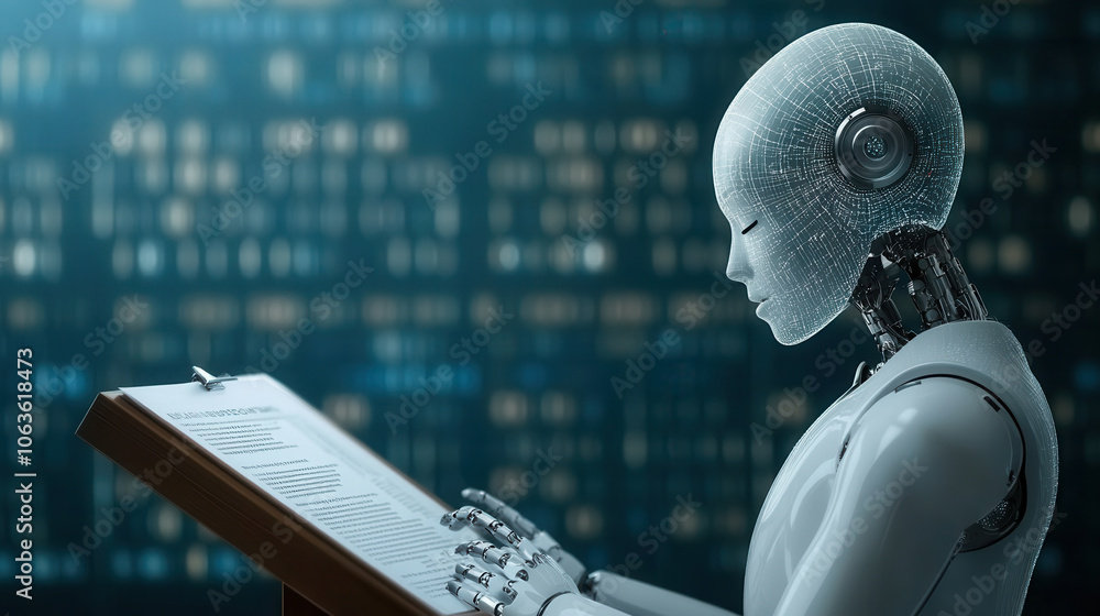 Poster humanoid robot reading from document in futuristic setting, showcasing advanced technology and artif
