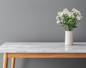 Simple marble dining table with raw teak base, cabinstyle room, cozy and intimate