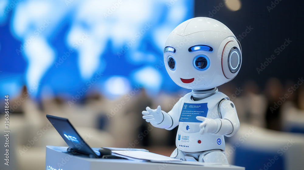 Poster humanoid robot at podium sharing insights on global technology trends, engaging with audience and sh