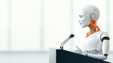 humanoid robot at podium sharing insights on global technology trends, showcasing advanced AI capabilities and engaging with audience