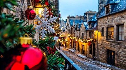 Fototapeta premium A festive winter scene featuring a decorated street with Christmas lights, ornaments, and a snow-dusted cobblestone path.