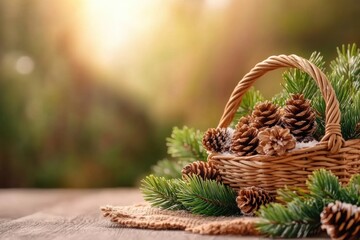 Obraz premium Rustic Winter Decor Pinecones and Cedar Branches in a Basket, Natural Holiday Charm, Earthy Elegance, Cozy Christmas Decorations, Winter Wonderland, Festive Farmhouse Style