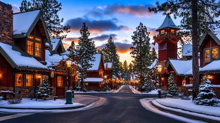 Fototapeta premium A picturesque winter village scene with snow-covered rooftops, glowing lights, and tall pine trees under a colorful sunset sky.
