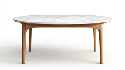 Fototapeta premium Teakbased round marble dining table, Scandinavian room, airy feel, neutral tones