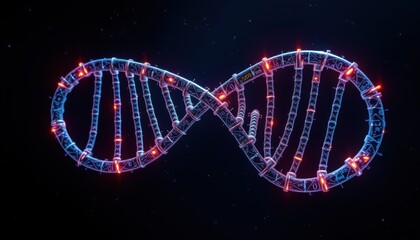 Close-Up of DNA Strand with Microbots Interacting for Advanced Genetic Engineering, Biotechnology, and Molecular Research Visualization