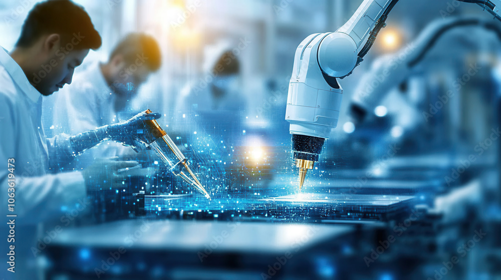 Poster modern factory environment showcasing robotic automation and precision tools, highlighting innovatio