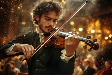 A Musician Playing the Violin in a Golden Lit Room