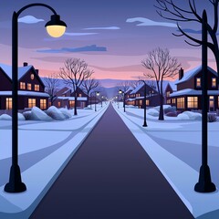 A serene winter street lined with lamp posts, houses, and snow-covered trees, illuminated by a soft twilight glow.