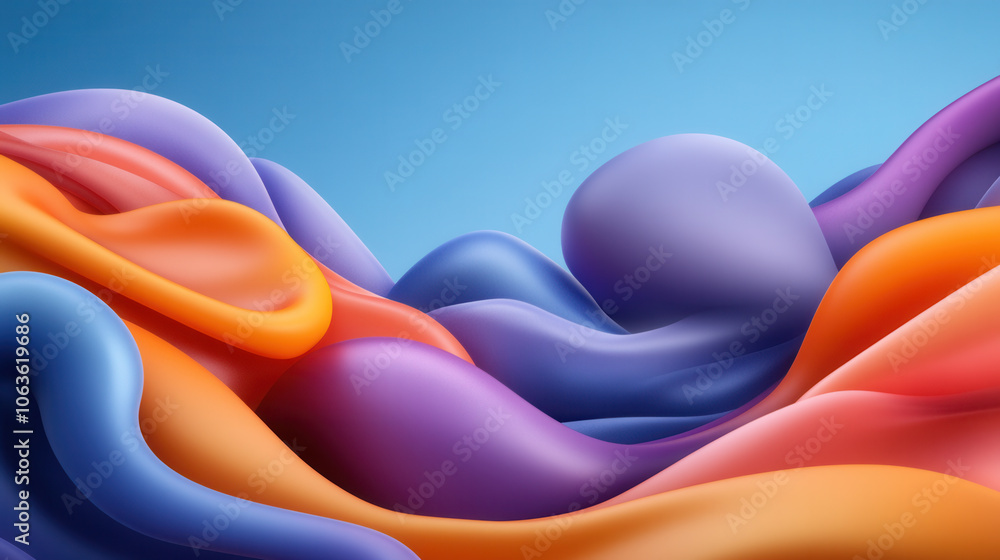 Poster fluid shapes in vibrant colors create abstract landscape, evoking sense of movement and depth. smoot