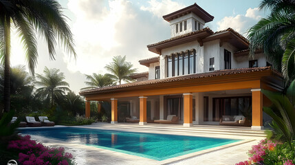 Fototapeta premium Tropical Villa with Swimming Pool 3D Illustration