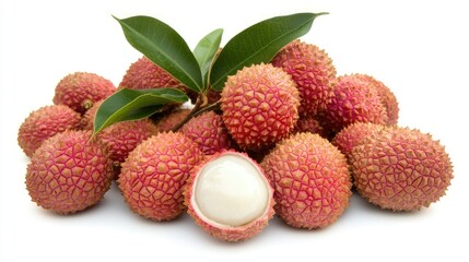 Juicy lychee fruit in vibrant red skin with one open, showing fleshy, white interior, isolated on a clean white backdrop.