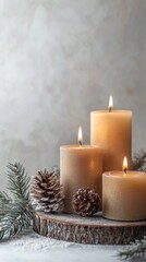 Christmas picture background with fir branches candles and fairy lights. Copy space. - stock photo Atmospheric image background with fir branches snow and fairy lights in different depths of field.