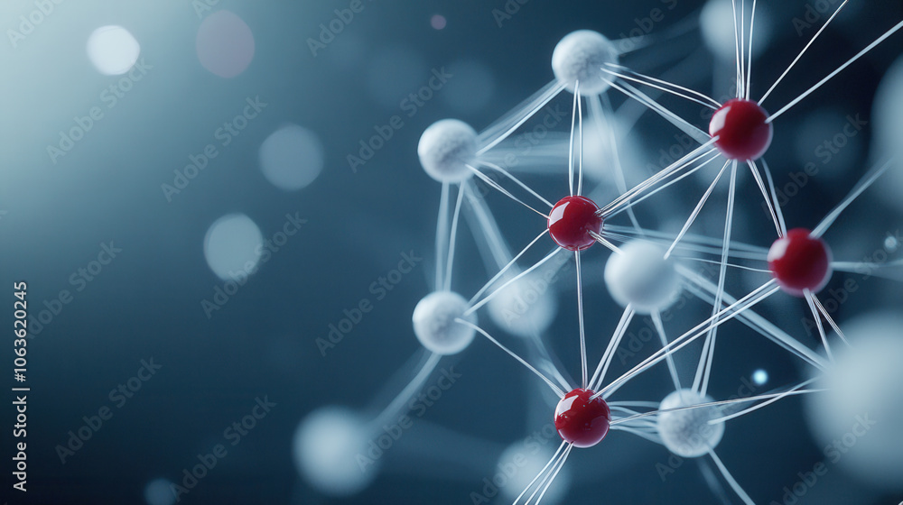 Poster visually captivating atomic structure with red and white spheres connected by lines, representing mo
