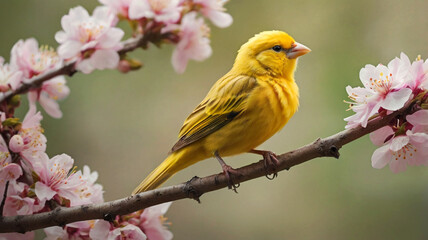 Obraz premium Macro shot of a cheerful canary surrounded by blooming spring flowers with warm sunlight enhancing the joyful atmosphere of the garden
