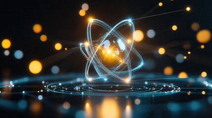 visually captivating atomic structure with glowing particles and rings, representing energy and science. vibrant colors create dynamic atmosphere
