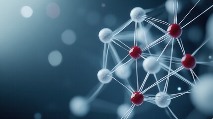 visually captivating atomic structure with red and white spheres connected by lines, representing molecular connections and scientific concepts