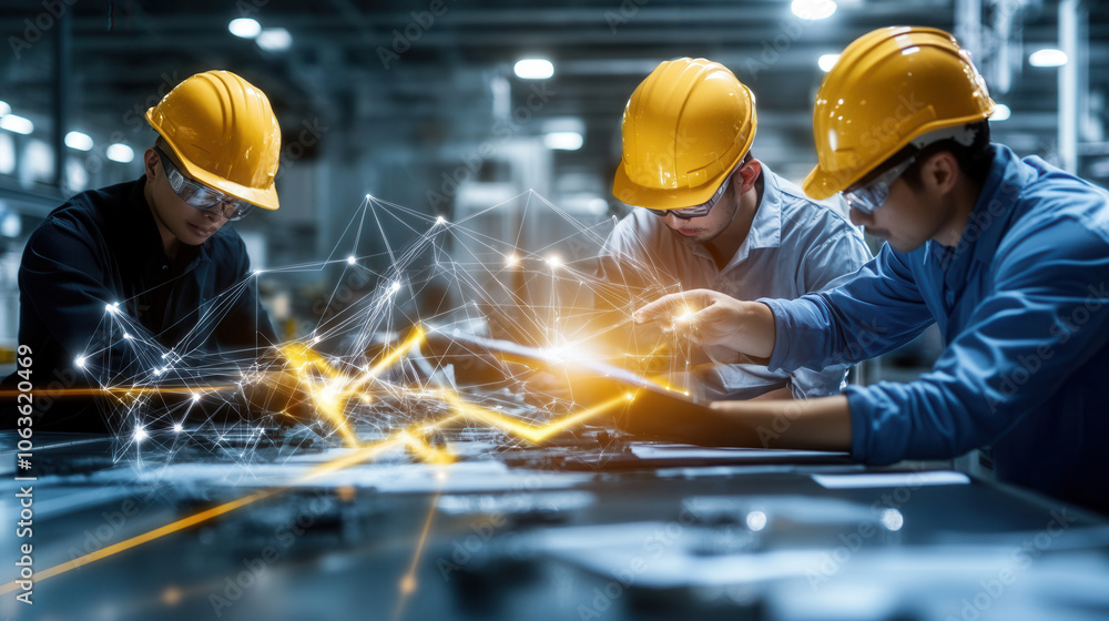 Poster engaging image of factory floor with workers in yellow helmets, focused on sustainable technology an