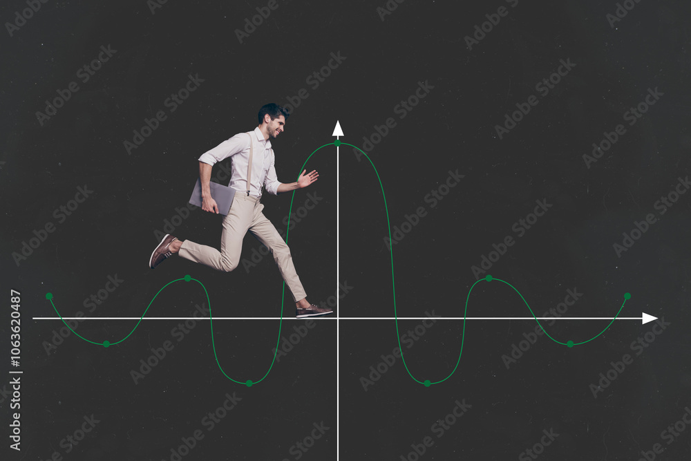 Poster Composite photo collage of happy businessman run graph statistics carry computer success progress job isolated on painted background