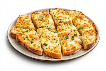 Plate of Cheesy Garlic Bread Slices - Warm, Buttery Garlic Bread with Melted Cheese on White Background