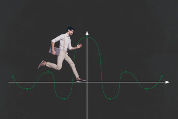 Composite photo collage of happy businessman run graph statistics carry computer success progress...