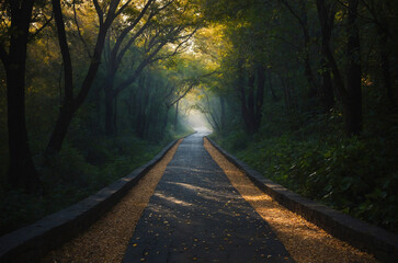 Fototapeta premium The duality of light and darkness blending on a path