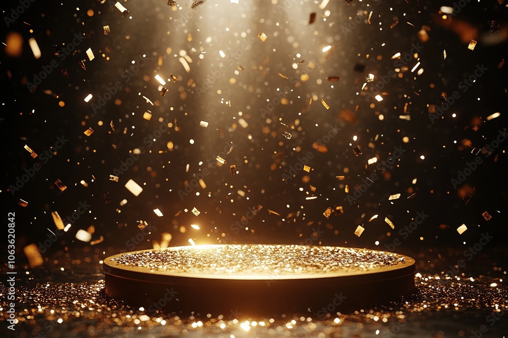 Poster A gold podium illuminated by spotlights on an empty stage with golden confetti flying around, creating the perfect backdrop for showcasing your award-winning products 