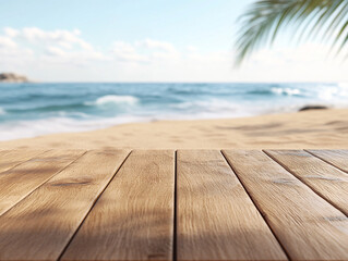 Fototapeta premium A wooden board on the beach with summer travel elements. 
