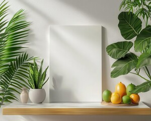 Dining table with polished marble and teak, art gallery room, minimalist with statement